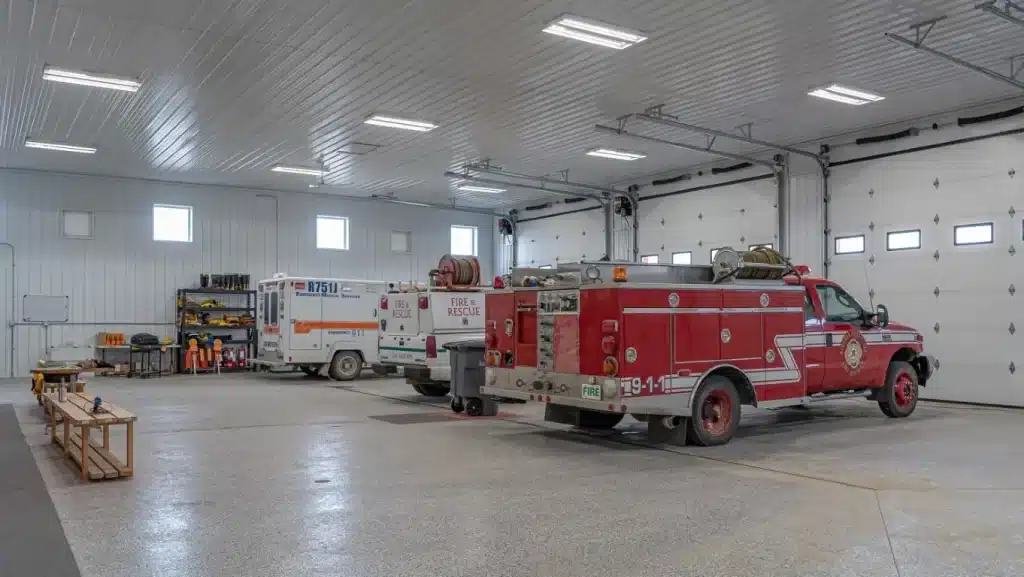 Bright white post-frame commercial Fire Hall
