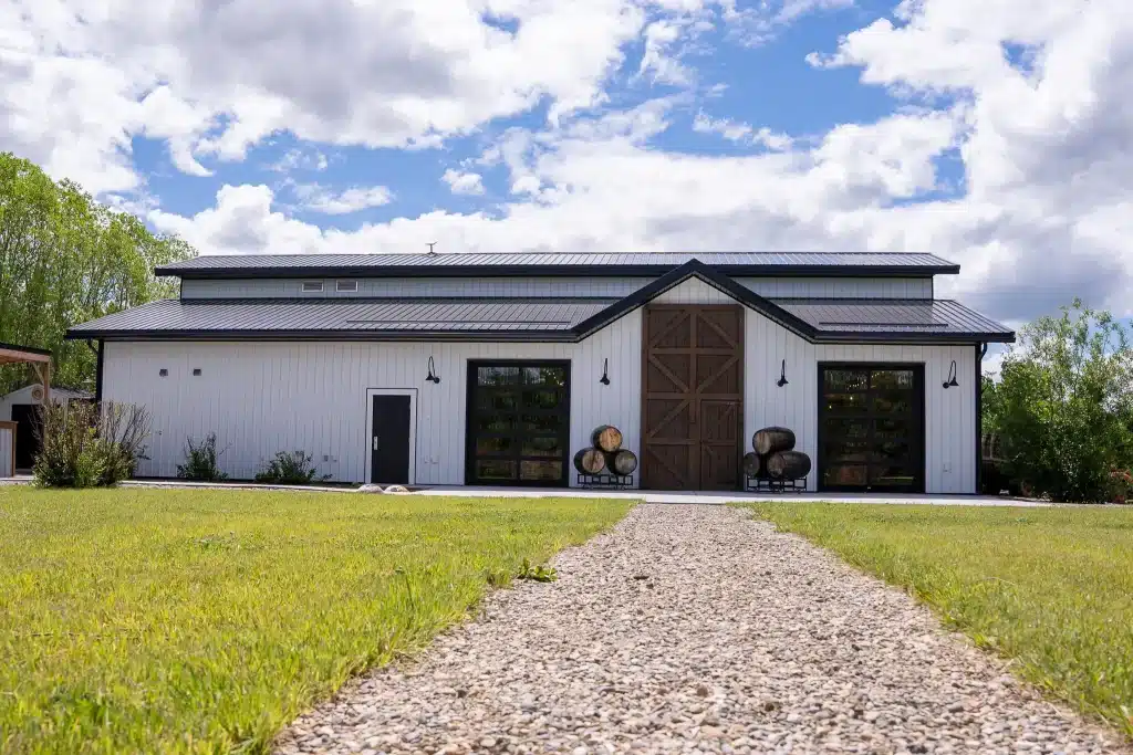 A bright white post-frame community centre