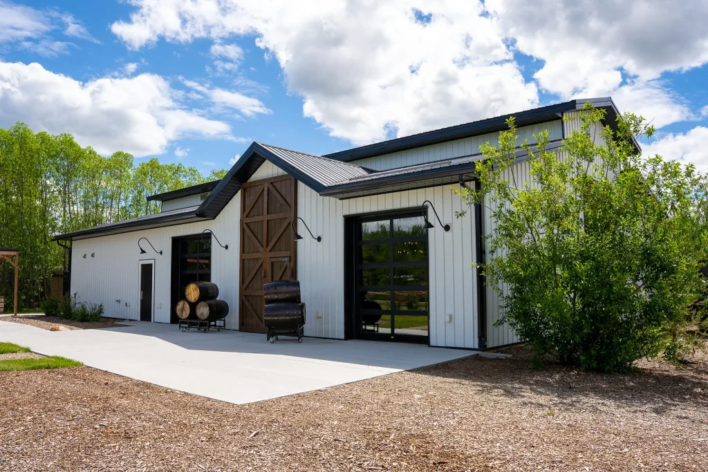 A bright white post-frame community centre