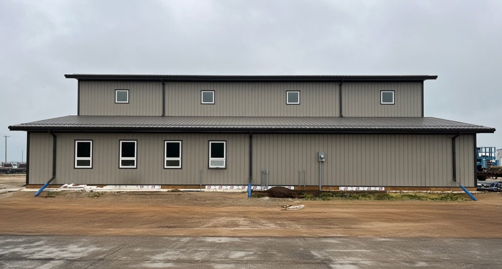 A hickory post-frame airplane hangar with 5 overhead doors and a bi-fold door