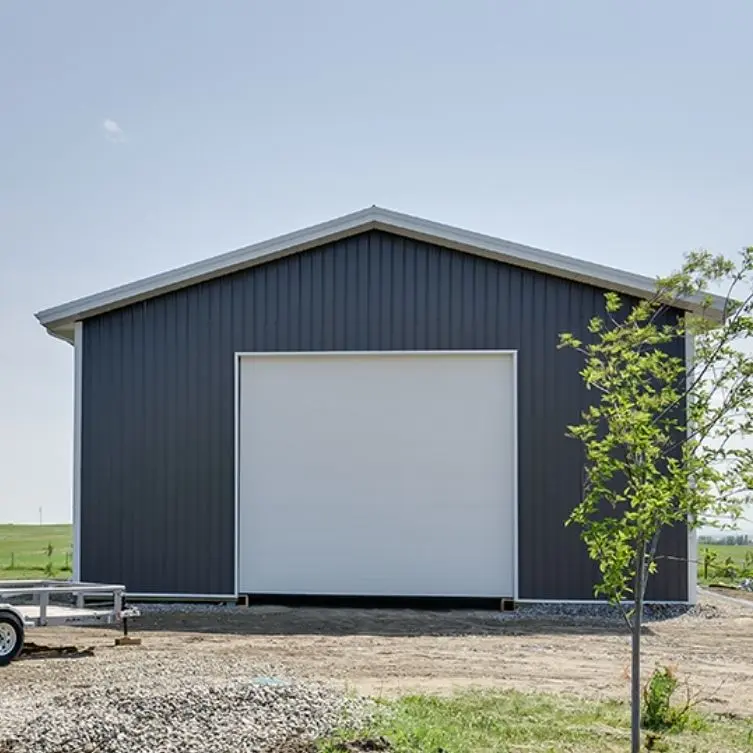 A charcoal lifestyle & Hobby post-frame shop with one chain overhead door