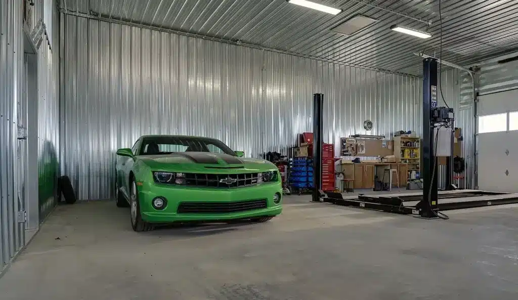 A buckskin lifestyle & Hobby post-frame shop with wainscotting, soffits, and one overhead door