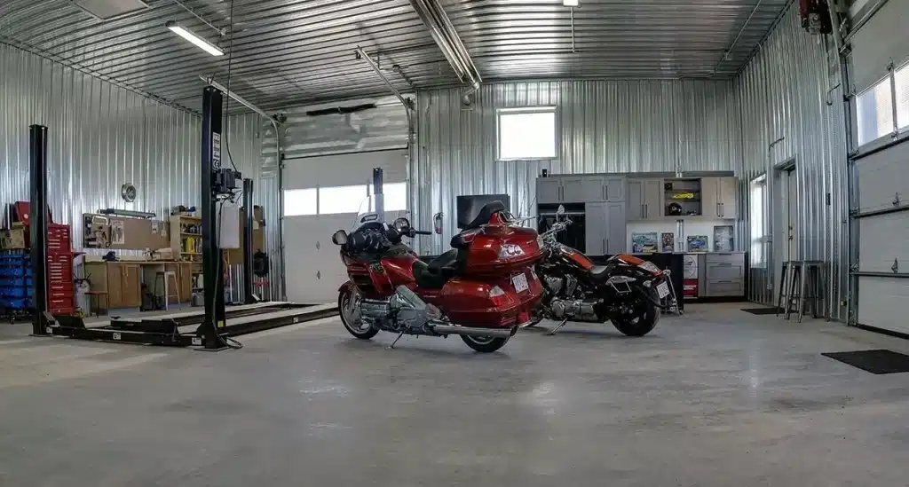 A buckskin lifestyle & Hobby post-frame shop with wainscotting, soffits, and one overhead door