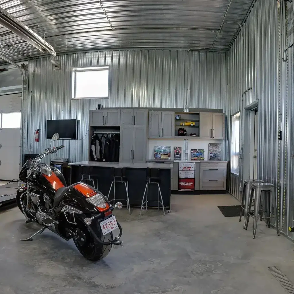 A buckskin lifestyle & Hobby post-frame shop with wainscotting, soffits, and one overhead door