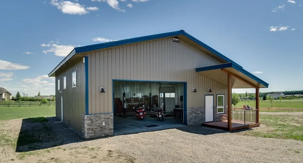 A buckskin lifestyle & Hobby post-frame shop with wainscotting, soffits, and one overhead door