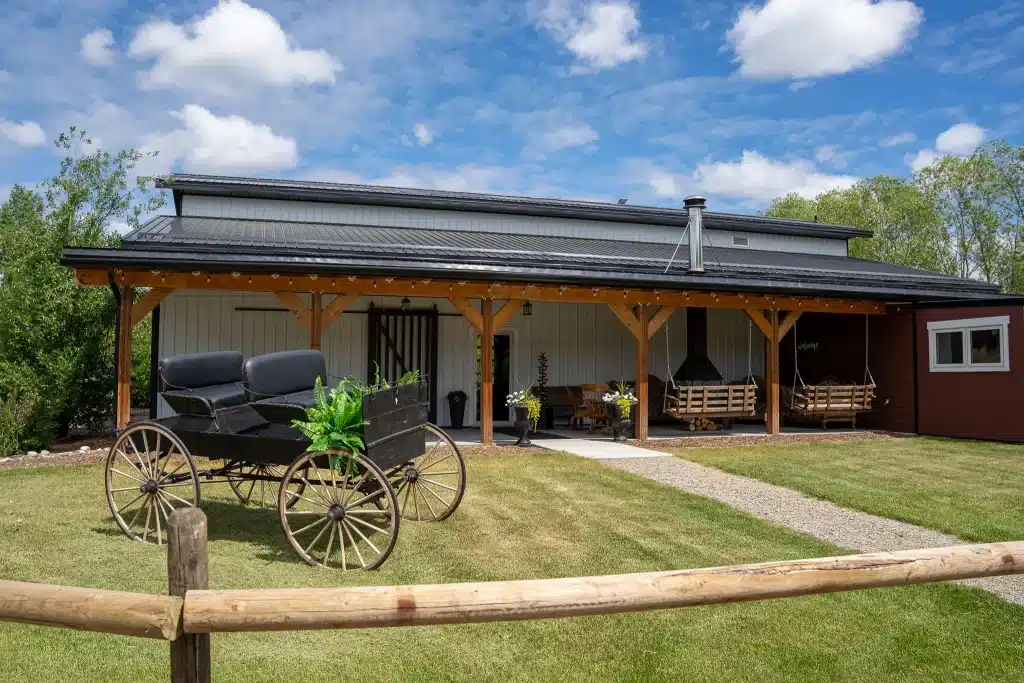 A bright white post-frame community centre