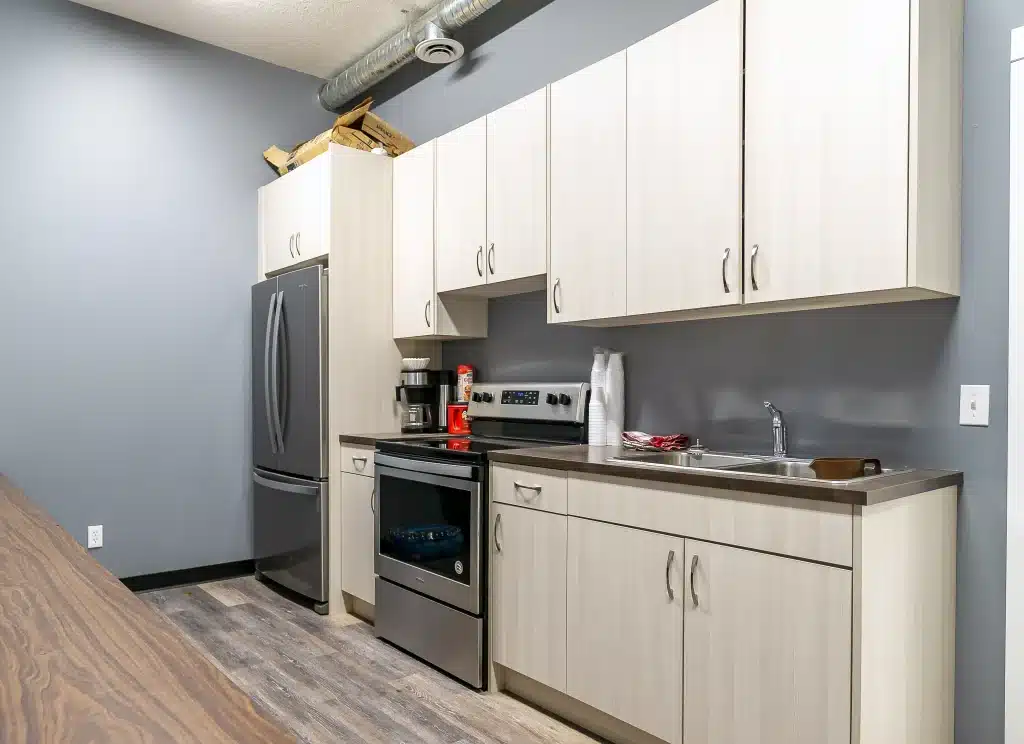 Interior of a dark red post-frame commercial fire hall