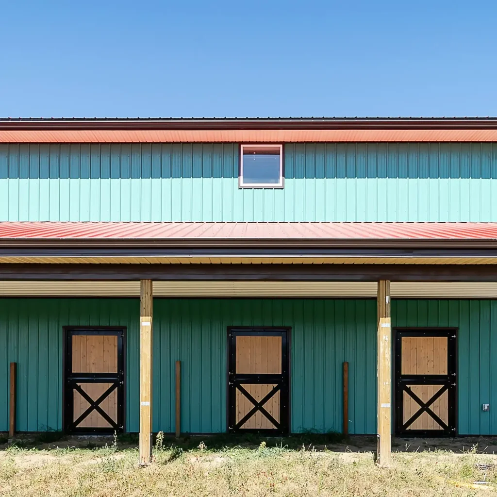 A turquoise post-frame equestrian barn
