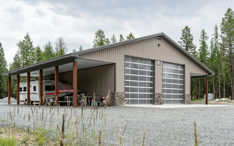 A sea wolf lifestyle & Hobby post-frame shop with two overhead doors