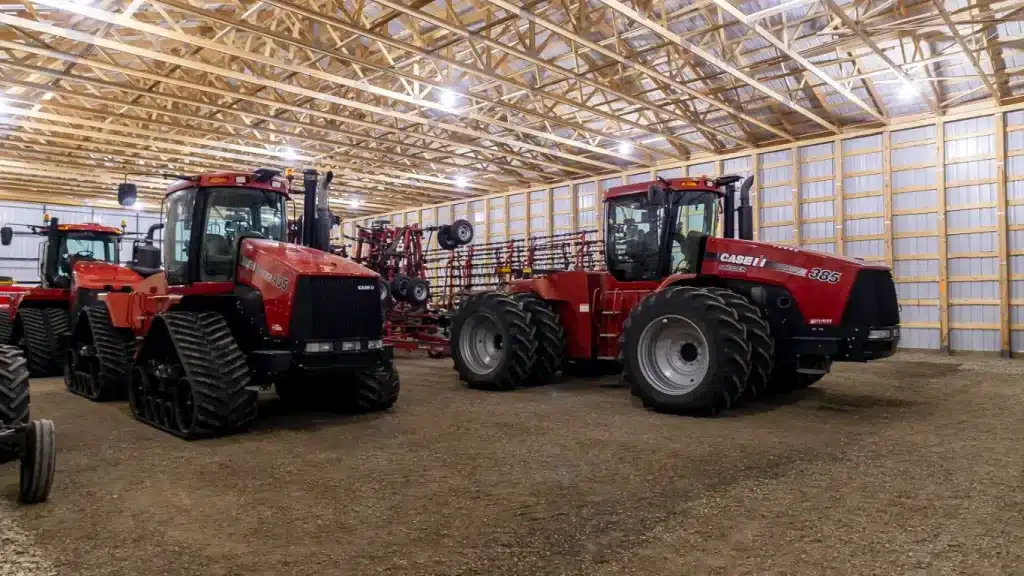 red post-frame machine shed by Integrity post structures