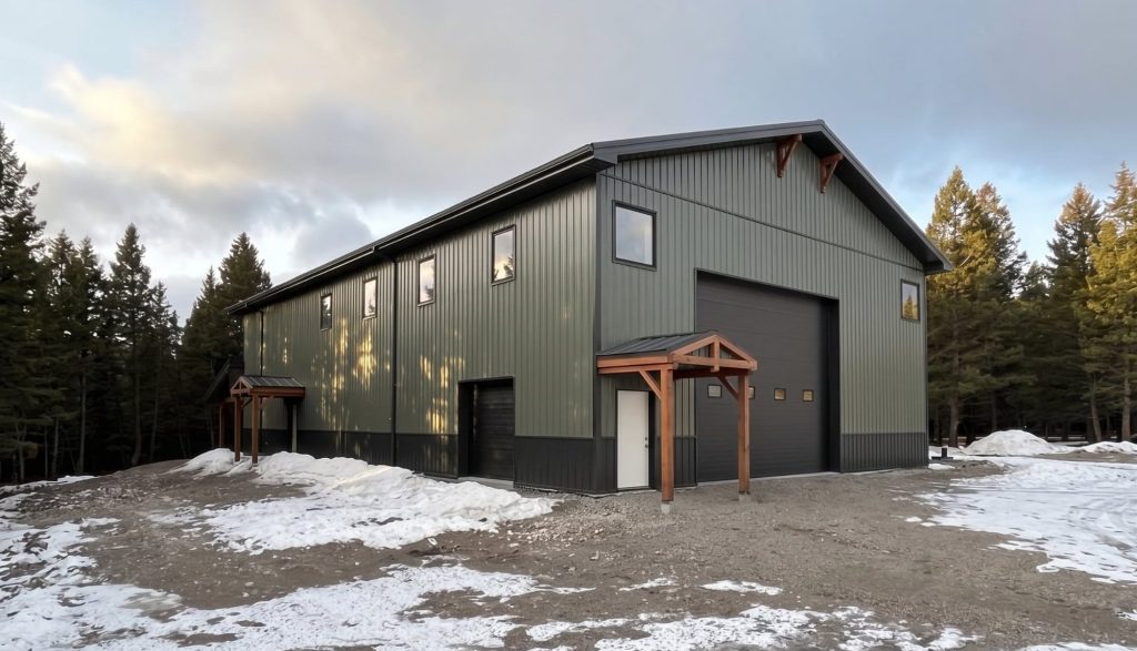 A dark sage post-frame shouse with open lean-tos, overhead doors, soffits, wainscoting, and timber accents