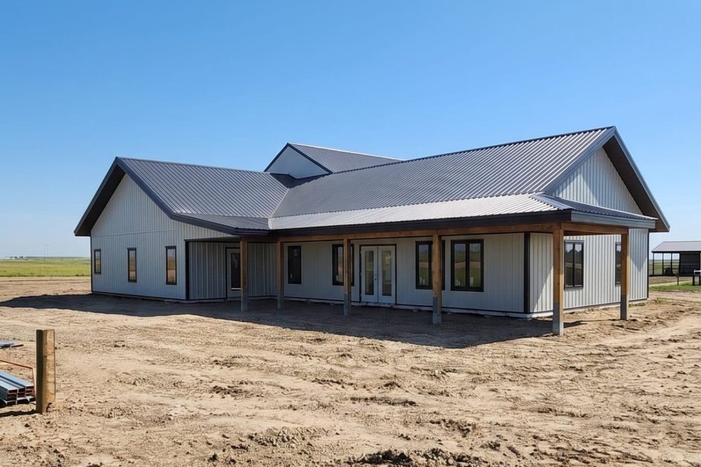 A white white post-frame custom residential build with soffits, open lean-to porch, and overhead doors