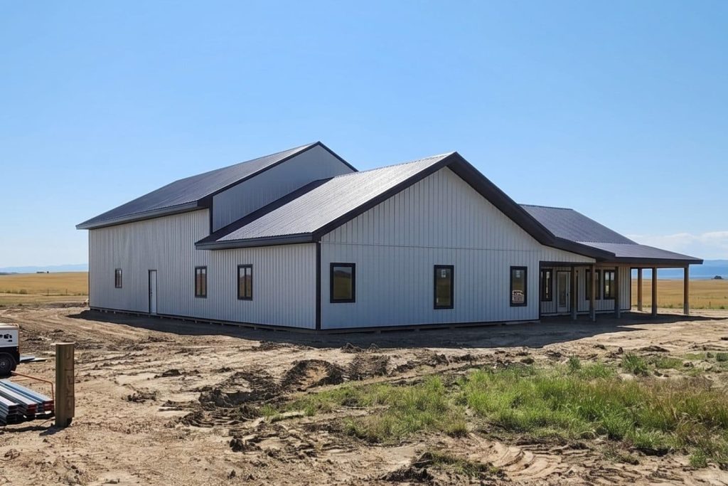 A white white post-frame custom residential build with soffits, open lean-to porch, and overhead doors