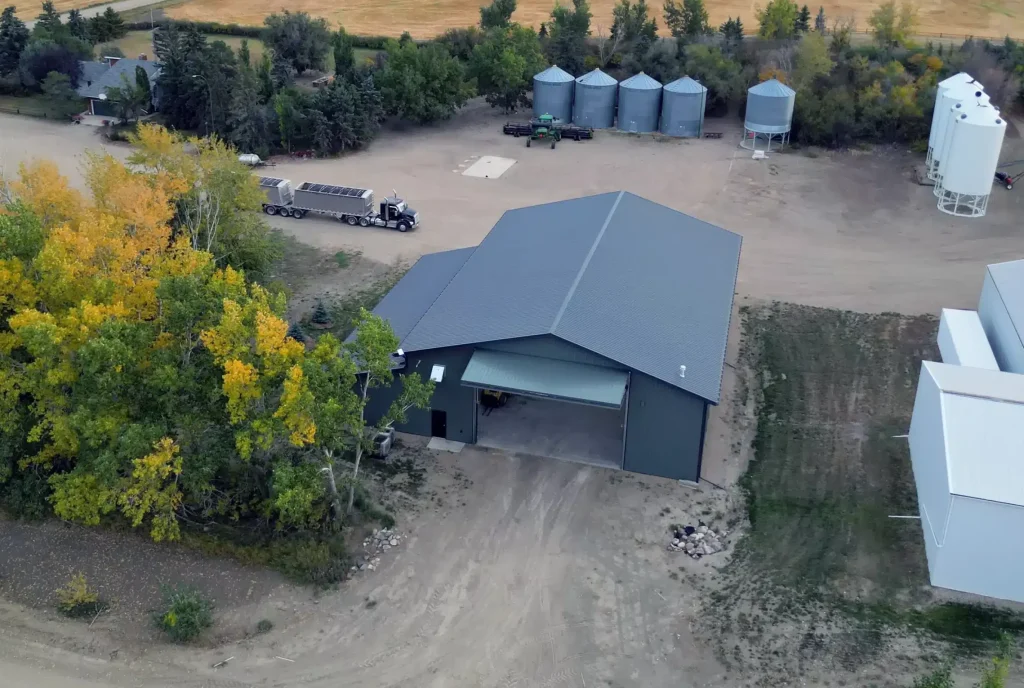 A post-frame agricultural shop