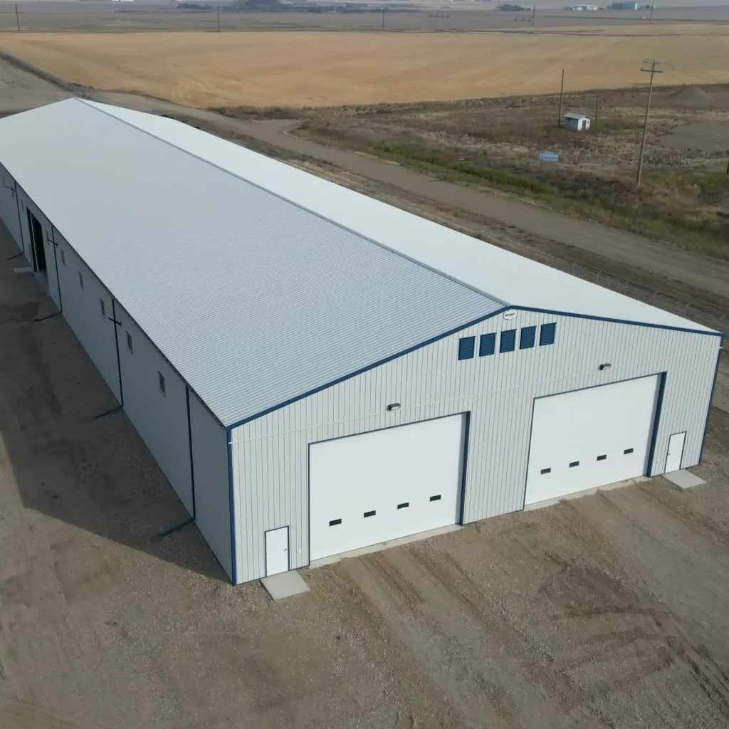 A Bone White post-frame agricultural storage building