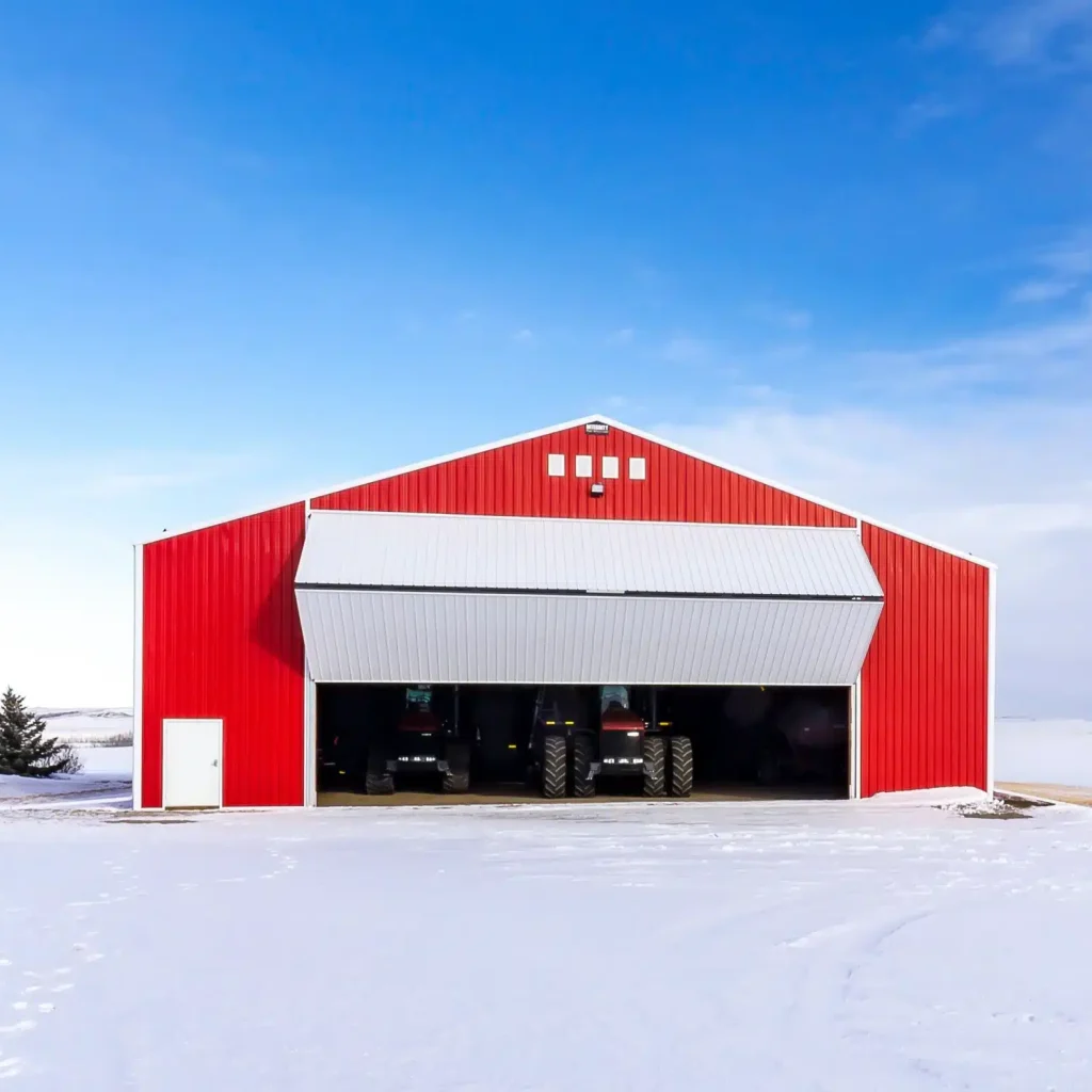 red post-frame machine shed by Integrity post structures