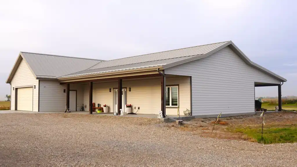 A galvanized post-frame highwood with garage
