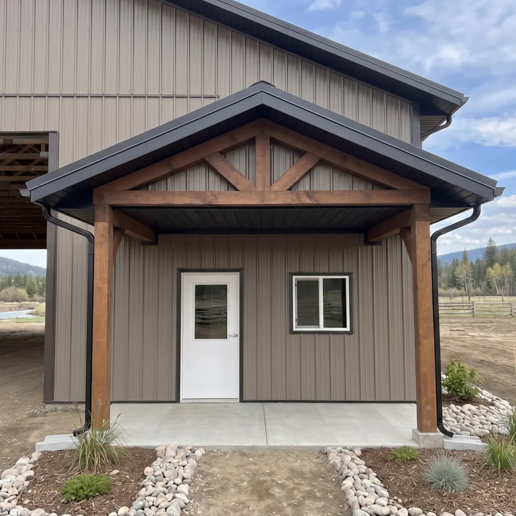 A buckskin post-frame equestrian barn with timber accents, soffits, and a overhead door