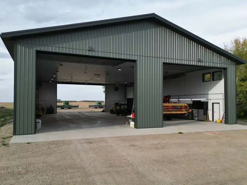 A post-frame agricultural shop