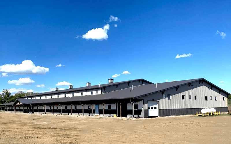 A stone grey post-frame riding arena with overhead doors, wainscoting, cupolas, and soffits