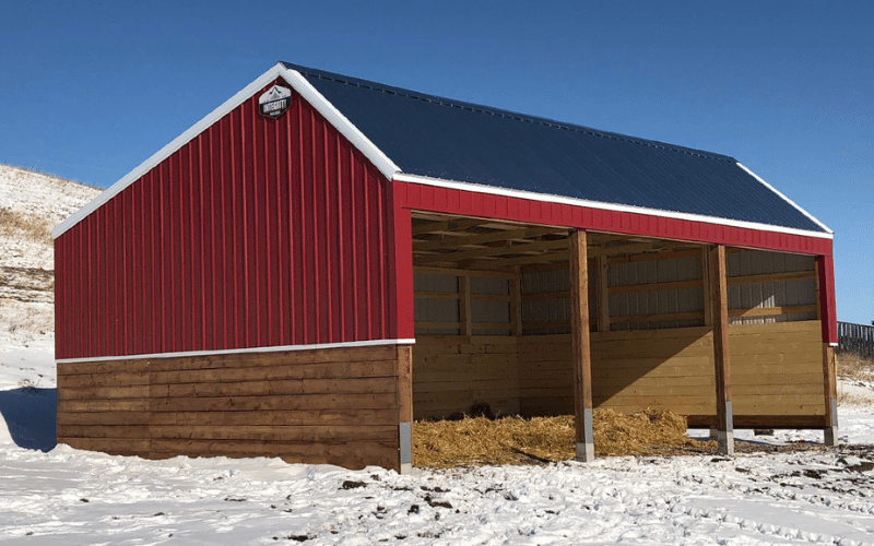 A Dark red post-frame livestock Shelter with one side fully open, and wainscoting around the entire exterior and interior