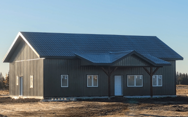 A dark sage Ranch Hand with open lean-to, and soffits