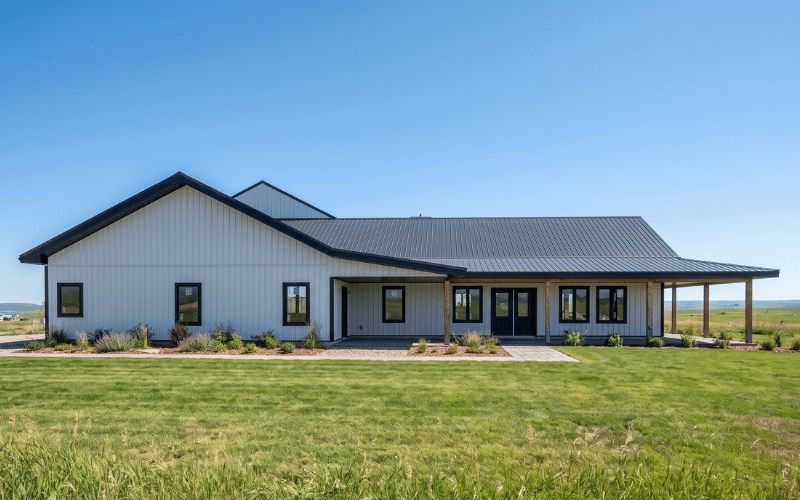 A white white post-frame custom residential build with soffits, open lean-to porch, and overhead doors