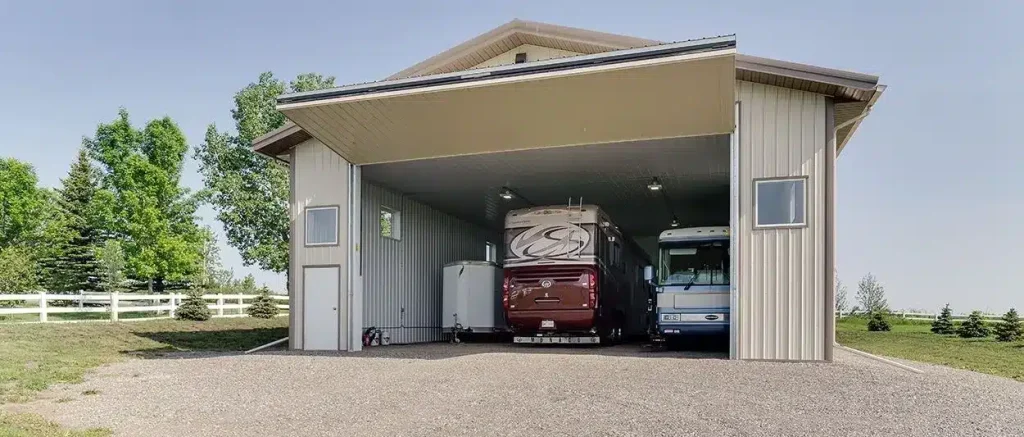 A light stone post-frame lifestyle & hobby shop with a bi-fold door and dark brown roof