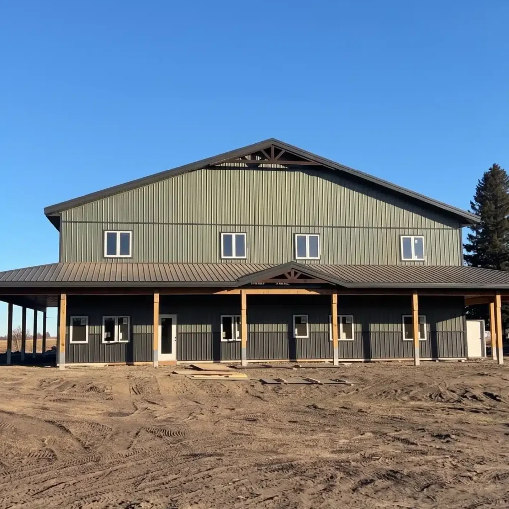 A dark sage post-frame accessory building with an agricultural shop and barn