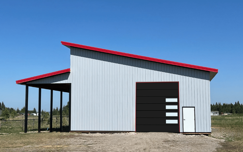 An ascot grey post-frame lifestyle & hobby shop with an open lean-to