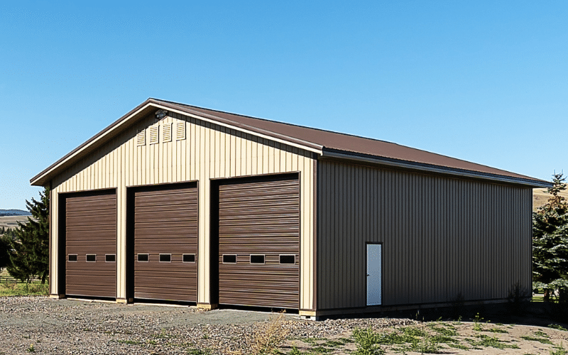 A tan post-frame agricultural storage building with overhead doors and soffits