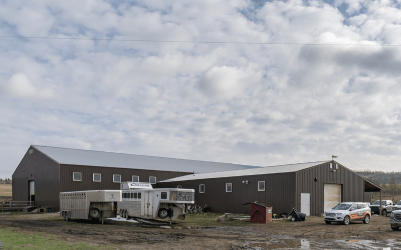 A coffee brown post-frame equestrian riding arena with overhead doors and an open lean-to
