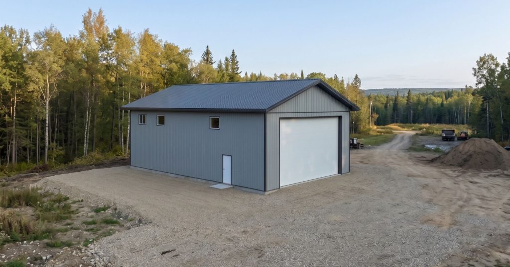 A regent grey post-frame lifestyle & hobby shop with soffits and a overhead door