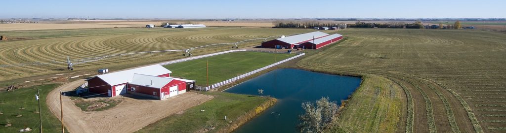 A dark red post-frame equestrian barn with four overhead and four bi-fold doors