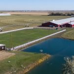 A dark red post-frame equestrian barn with four overhead and four bi-fold doors