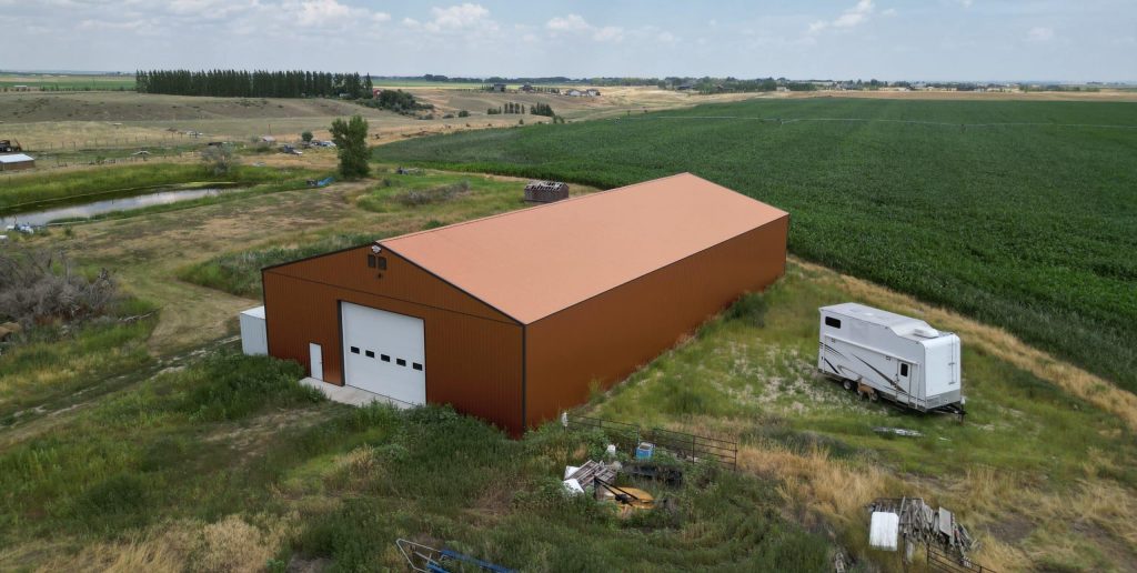 A copper penny post-frame agriculture storage building