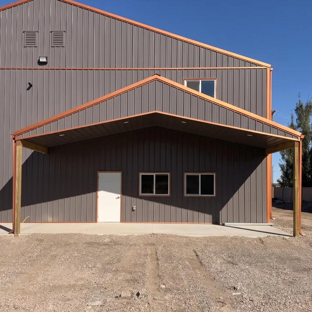 A charcoal agriculture and commercial post-frame storage shop with copper penny trims