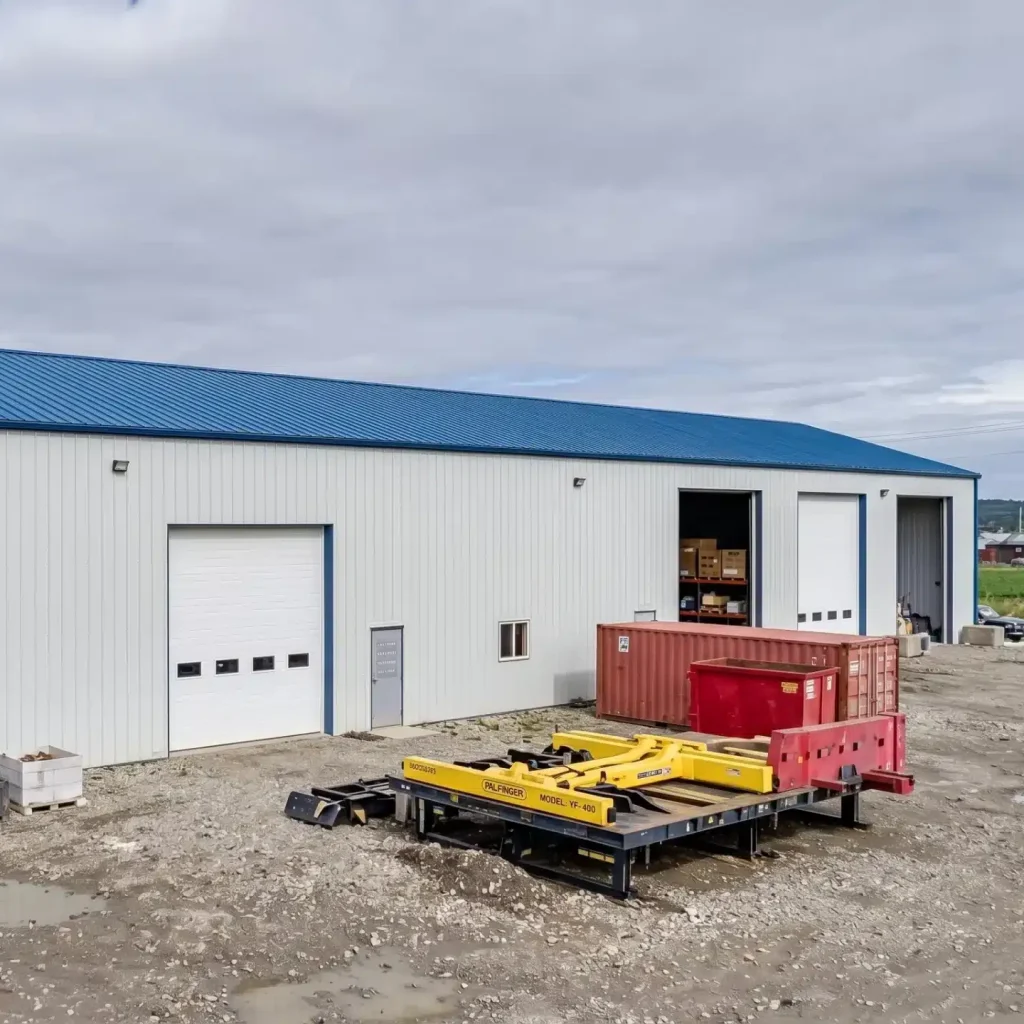 A bone white post-frame commercial shop with heron blue exterior trims