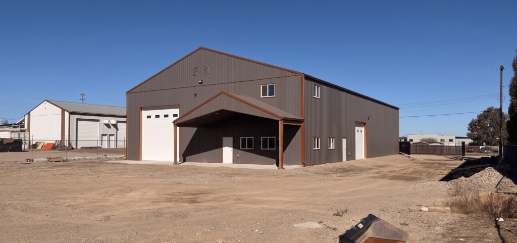 A charcoal agriculture and commercial post-frame storage shop with copper penny trims