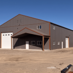 A charcoal agriculture and commercial post-frame storage shop with copper penny trims