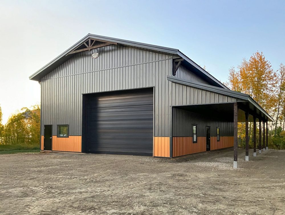 A post-frame shop with wainscoting, open lean-to and soffit
