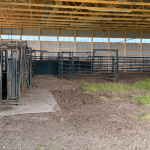 A coffee brown post-frame livestock shelter with overhead and sliding doors