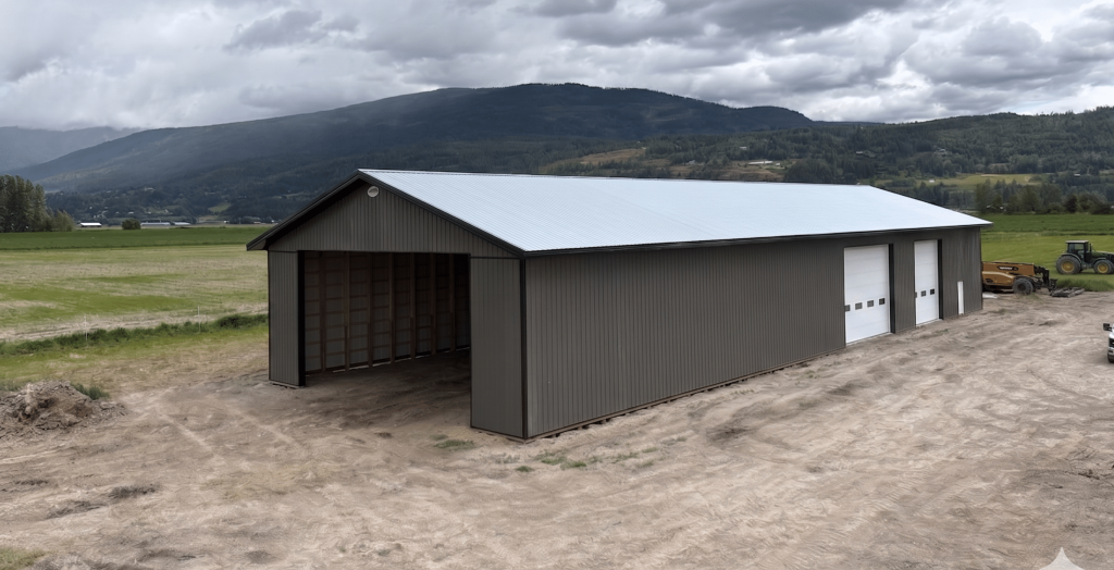A charcoal post-frame agriculture storage building