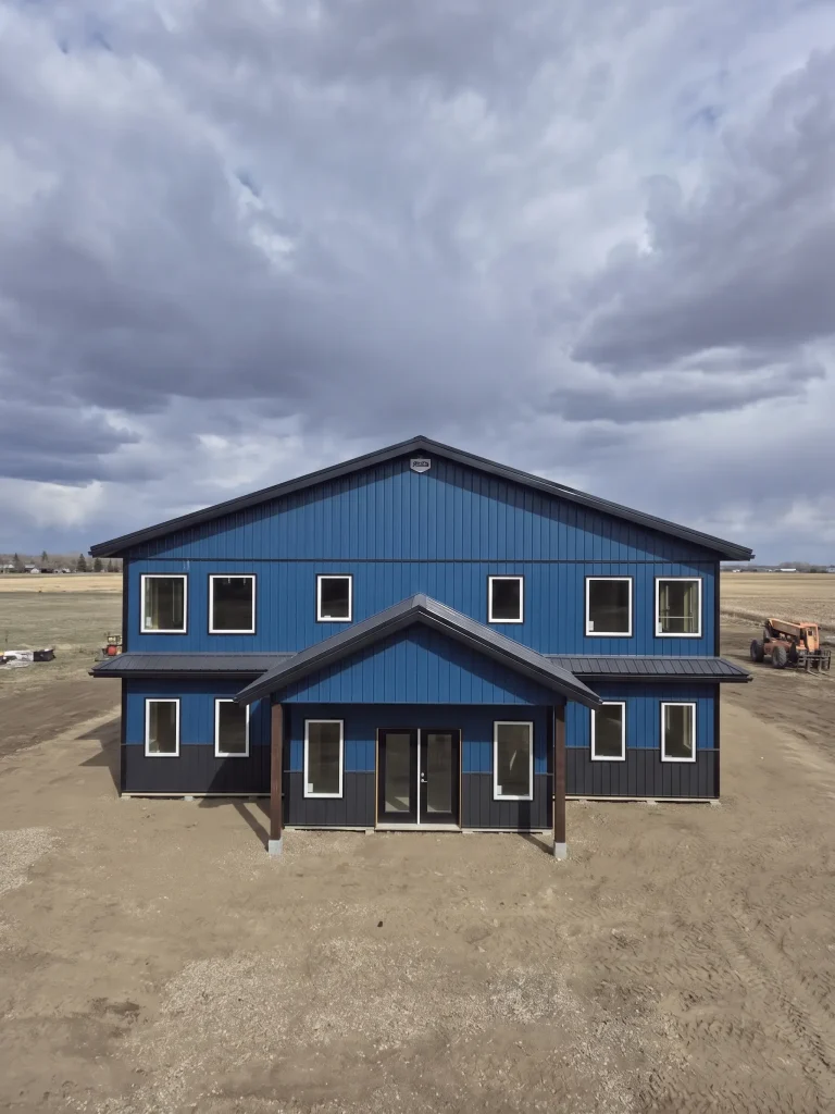 A heron blue post-frame commercial office with soffits, wainscoting, and a front porch