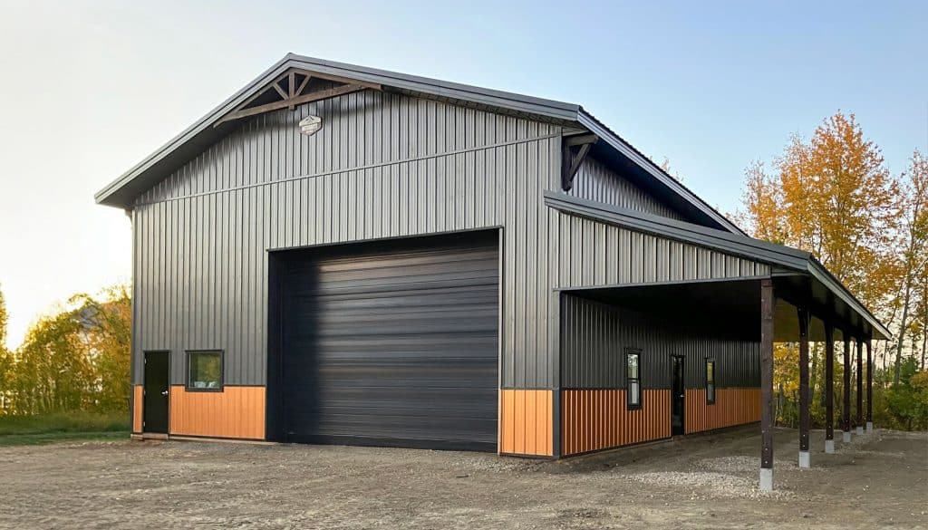 Post-frame shop with an open lean-to with wainscoting