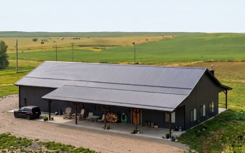 A gunmetal post-frame residential Ranch Hand with two open lean-tos