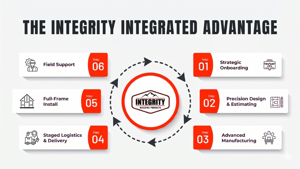The Integrity Integrated Advantage: Strategic onboarding, Precision Design & Estimating, Advanced Manufacturing, Staged Logistics and Delivery, Full-frame install, Field Support