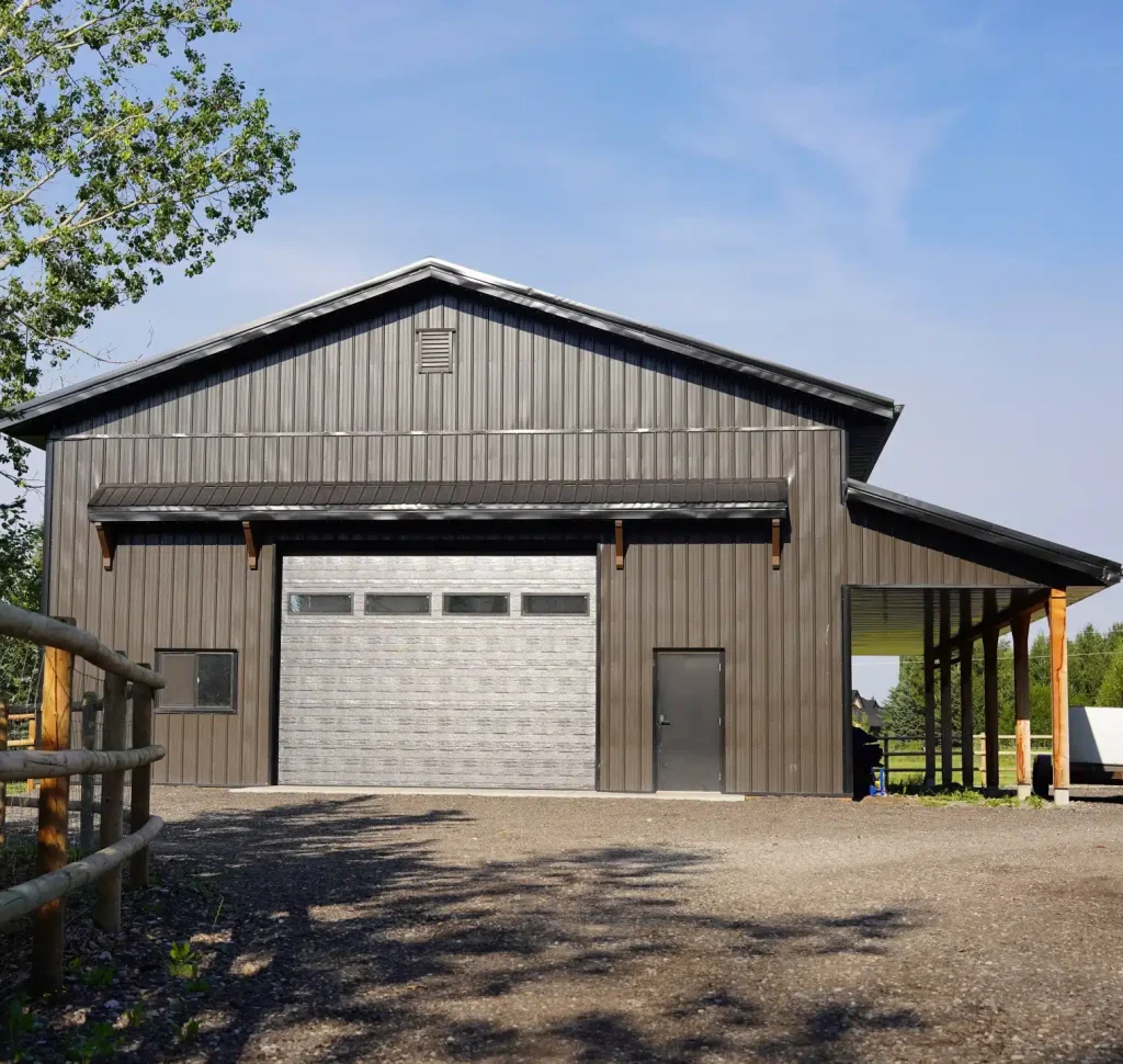 A dark brown lifestyle shop with an open lean-to and awnings
