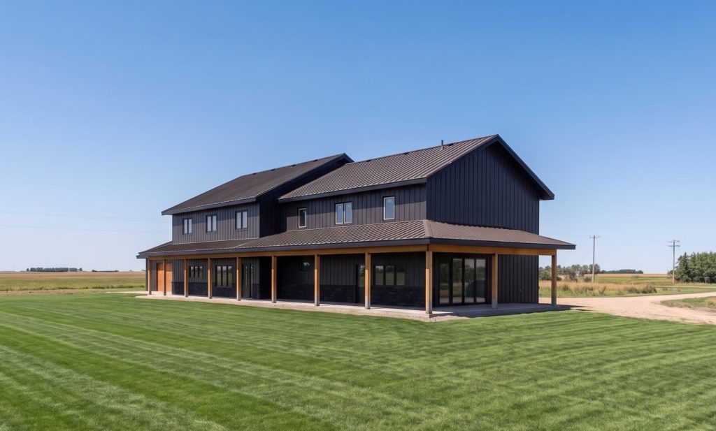 A charcoal residential post-frame Farmhouse with wainscoting, and a wrap around porch