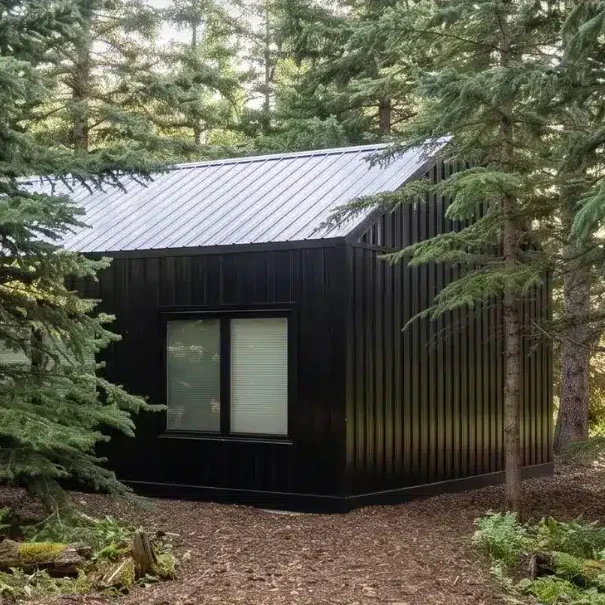 A black post-frame guest house